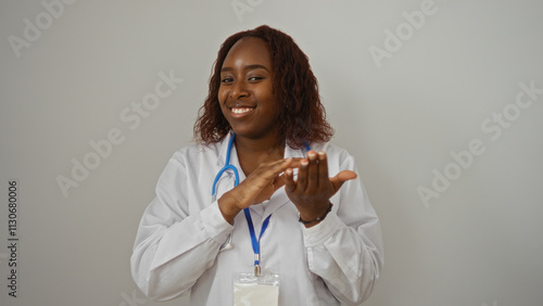 Beautiful, young, african, american woman gesturing spending money with her hands over an isolated white background photo