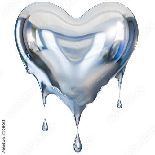 3d rendering silver heart shape melting isolated on transparent background.