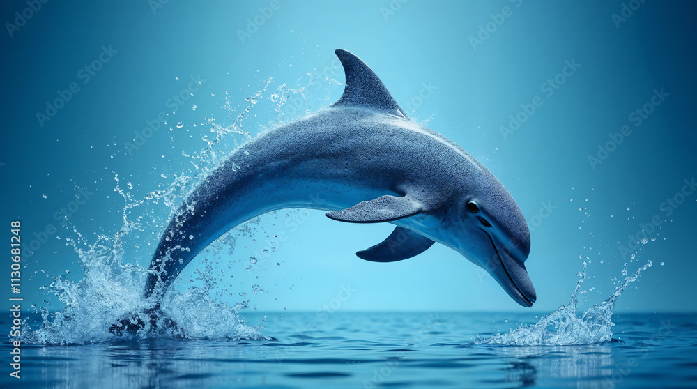 Fototapeta premium Delfín saltando sobre el agua en fondo azul claro