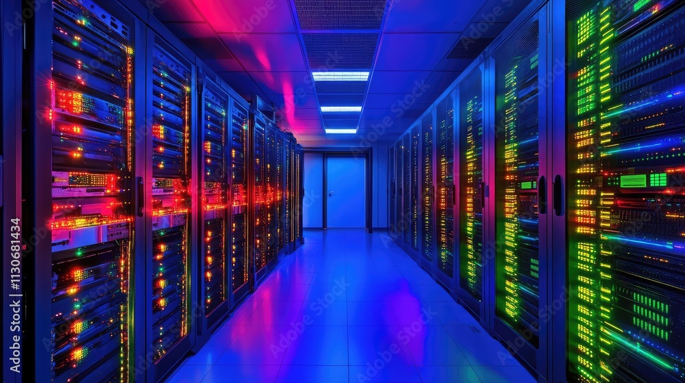 Fototapeta premium Colorful Data Center with Illuminated Server Racks at Night