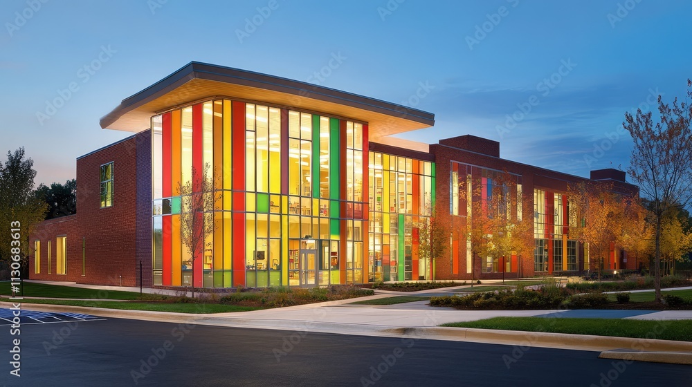 Obraz premium Modern Architecture with Colorful Facade at Dusk Outside View