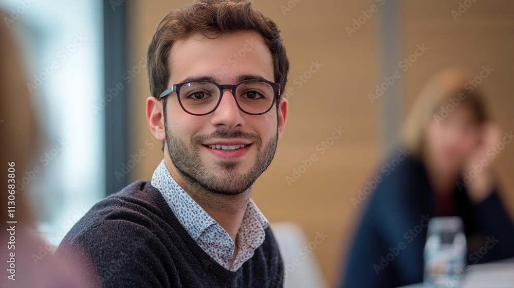 Obraz premium Smiling young man in glasses sitting in meeting or conference