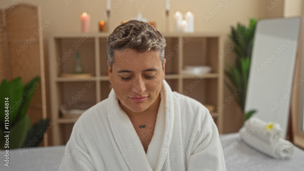 Fototapeta premium Young man enjoying a relaxing moment at a spa in a cozy wellness room, wearing a white robe, surrounded by a serene interior with candles and plants.