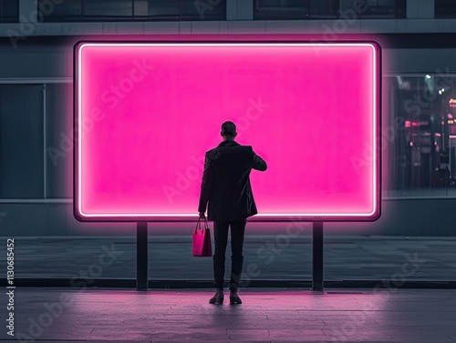 Urban nightlife scene neon billboard city street visual art evening ambience perspective of a silhouette modern advertising concept photo