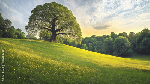 Majestic Lone Tree in a Golden Meadow at Sunset
