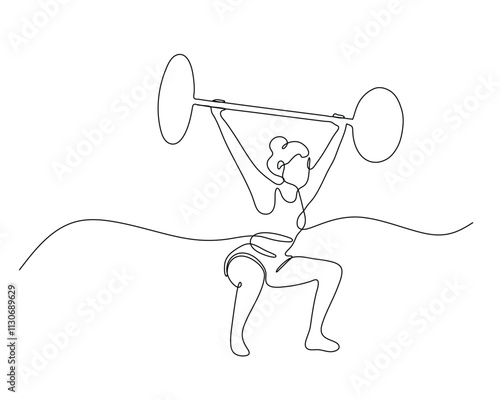 Minimalist one-line drawing of a person performing a weightlifting exercise, lifting a barbell overhead in a squat position, showcasing strength and fitness.
