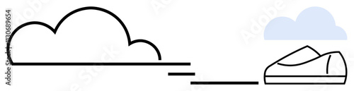 Cloud and a speedboat depicted in a minimalist style with clean lines and simple shapes. Ideal for weather, transportation, nautical themes, minimalism, outdoor activities, travel, and speed. Line