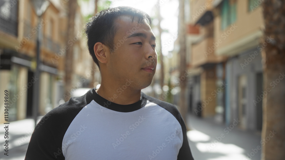 Fototapeta premium A handsome young chinese man standing on an urban street in a city, showcasing casual outdoor fashion and the vibrant atmosphere of town life.