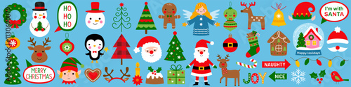 Colorful Christmas design elements, vector set, holiday icons and characters such as Santa Claus, snowman, reindeer, gingerbread man, Christmas tree, and more