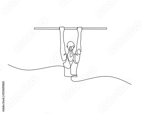 Continuous line drawing of a woman performing pull-ups on a bar, showcasing fitness, strength, and minimalistic art style.