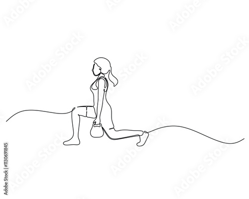 Continuous line drawing of a woman performing a lunge exercise while holding a kettlebell, showcasing fitness, strength, and balance.