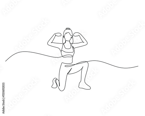 Continuous line drawing of a woman kneeling on one knee, flexing her biceps in a strong pose, symbolizing strength and fitness.