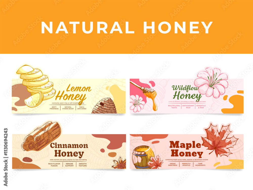 Fototapeta premium Natural honey lemon wildflower cinnamon maple label set engraved vector illustration
