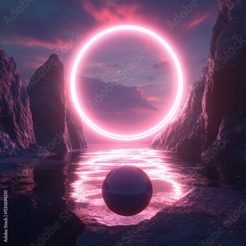 surreal landscape with glowing circle and reflective sphere photo