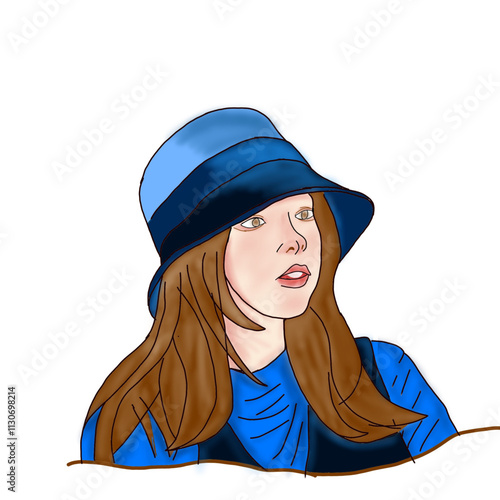 Artistic Portrait of a Young Woman Wearing a Stylish Hat and Blue Outfit