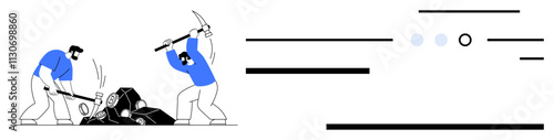 Two workers smashing rocks with pickaxes, dynamic lines emphasizing physical effort. Ideal for hard work, teamwork, labor, construction, mining, strength, industry. Line metaphor