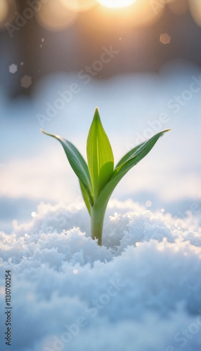 Single Green Sprout Emerging Through Pristine White Snow. A Symbolic Scene Representing New Beginnings, Growth, and Hope