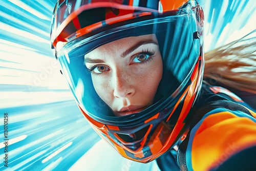 Dynamic speed biker with intense gaze, modern art photo