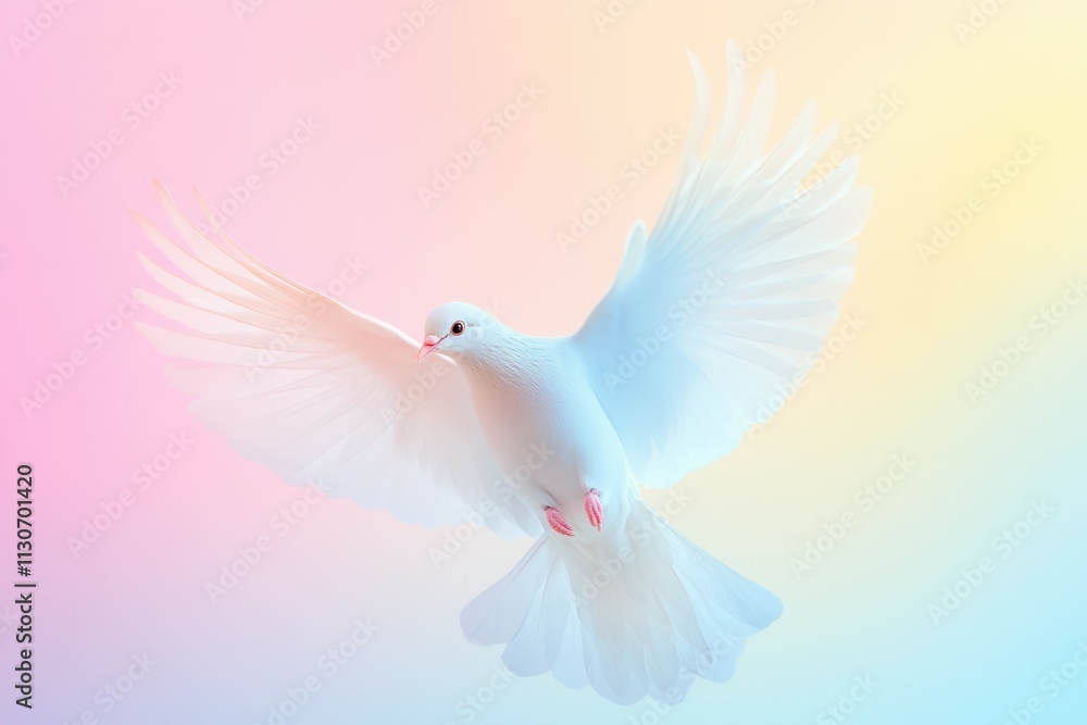 Obraz premium A graceful dove glides effortlessly through a soft gradient of pale pink, baby blue, and soft yellow, embodying peace and serenity. The delicate hues create a calming atmosphere, perfect for inspirati