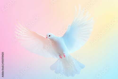 A graceful dove glides effortlessly through a soft gradient of pale pink, baby blue, and soft yellow, embodying peace and serenity. The delicate hues create a calming atmosphere, perfect for inspirati photo