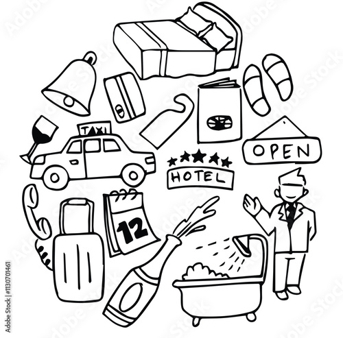 Hotel service doodle set. Suitcase, passport, bathrobe, dryer, bed in sketch style. Hand drawn vector illustration isolated on white background