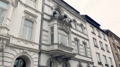 Footage of historical, old, traditional buildings in Dusseldorf showing architectural style of German architecture.