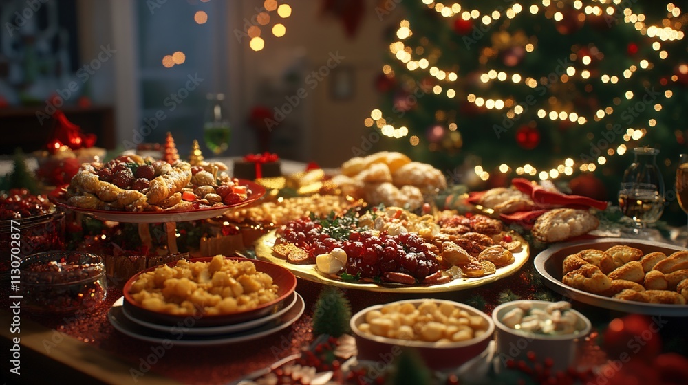 Fototapeta premium Christmas dinner table with food and tree in background