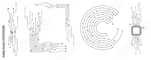 Circuit board line microchip, software. Integrated motherboard, connections. Innovative Electronic Network. Technology background, design elements geometric and connection system.