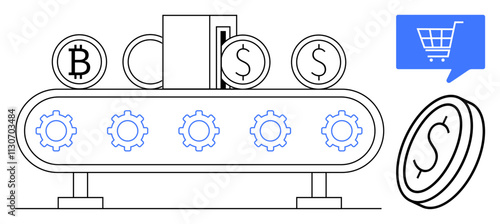 Automated production line processing Bitcoin and Dollar symbols, with gears indicating mechanization. Shopping cart icon in blue speech bubble. Ideal for fintech, e-commerce, cryptocurrency