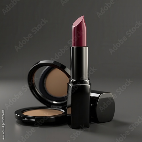 A sophisticated arrangement showcases a rich burgundy lipstick alongside two compact powders. The items are presented on a sleek dark surface, highlighting their luxurious appeal and artistry in cosme