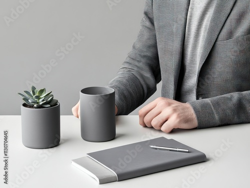 Person holding a gray mug next to a succulent plant photo