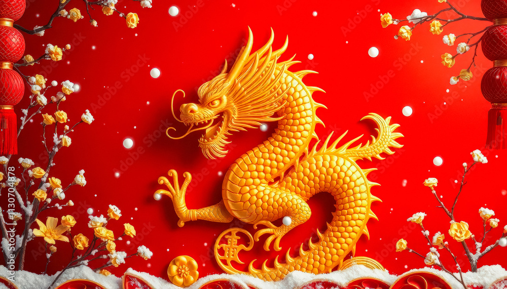 Fototapeta premium A detailed golden dragon depicted on a vibrant red background surrounded by festive ornaments, symbolizing prosperity and cultural richness.