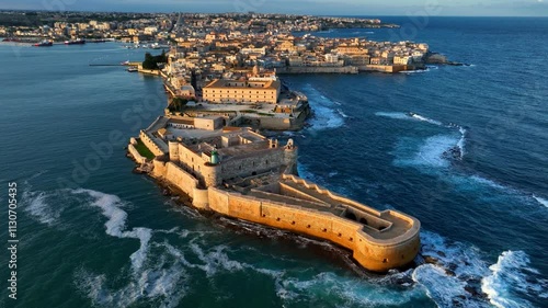 Italian island of Sicily, aerial view, flying above Sicilian city of Syracuse at sunset, travel in Sicily, Mediterranean resort town