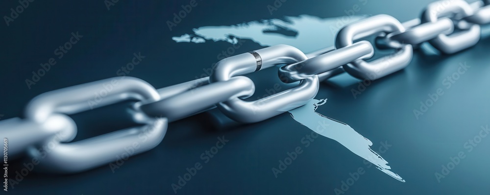 Fototapeta premium Trade barriers, symbolic chains across continents, 3D illustration