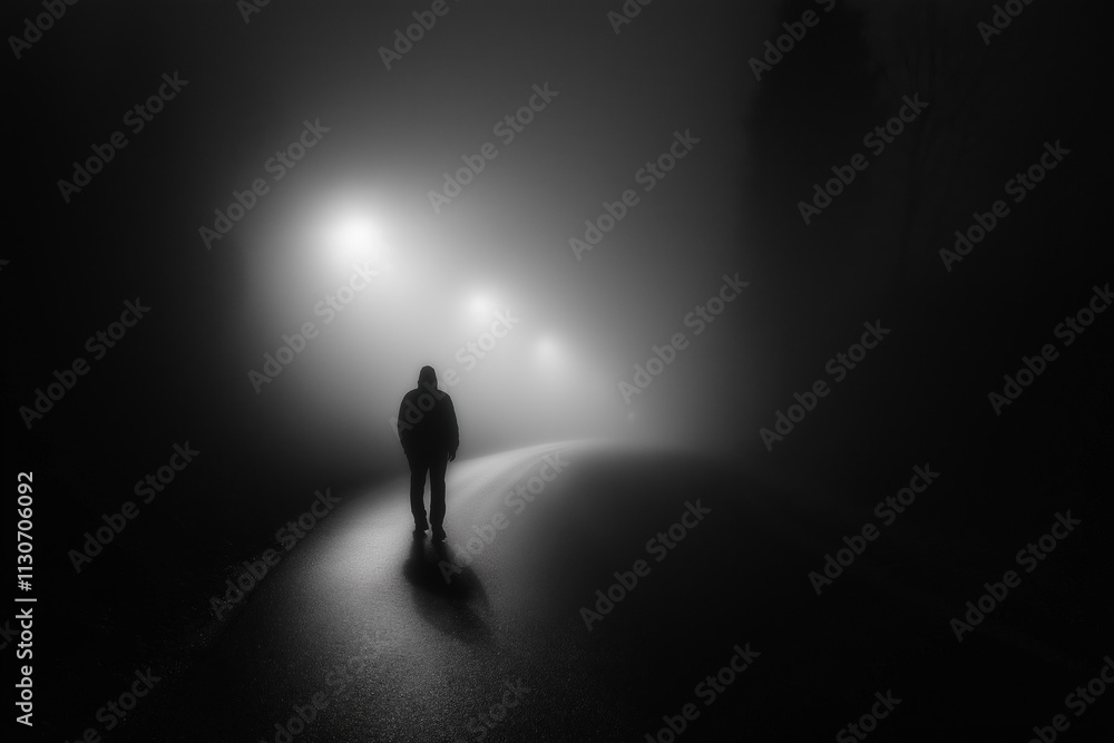 Obraz premium A man is walking down a road in the dark. The road is wet and foggy, and the man is the only person visible. The scene is eerie and unsettling, with the darkness