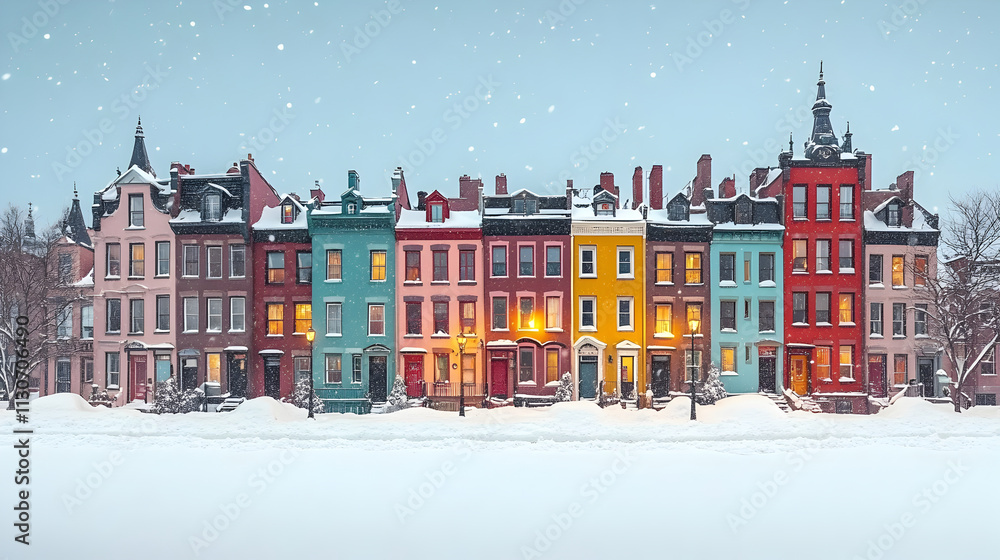 Fototapeta premium Charming Colorful Row Houses in a Snowy Winter Wonderland: A picturesque scene of vibrant townhouses covered in fresh snow, creating a magical winter atmosphere.