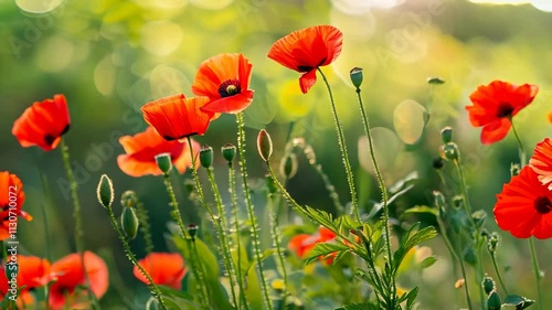 Wallpaper Mural A beautiful scene of bright red poppies blooming in a field with green foliage and soft sunlight, evoking feelings of serenity and nature. Torontodigital.ca