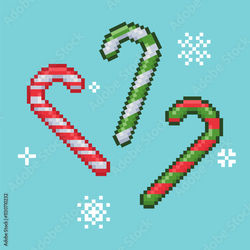 Candy canes on blue background Pixel art. Design element for Christmas, New Year or birthday party. Sweetmeats vector illustration.