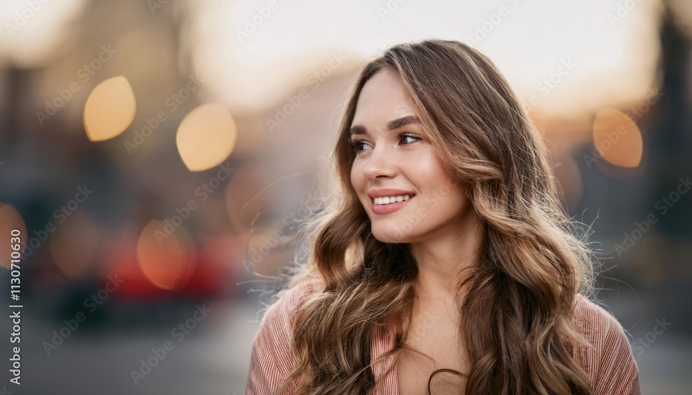 Obraz premium young woman with long, wavy hair smiles softly against blurred city background