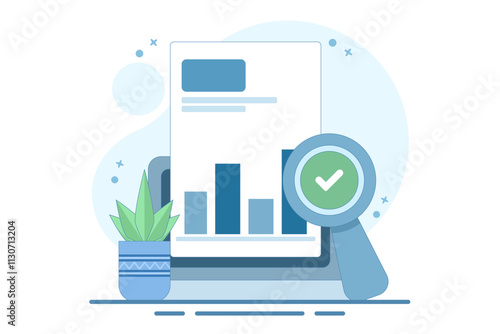 Financial Statement Analysis Concept, data analysis on business report and investment monitoring dashboard. Business Financial Flowchart Report with Magnifying Glass. Flat Design vector illustration.