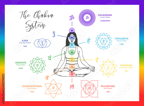 Chakras infographic, names, titles, line art symbol icons. Silhouette of a female human body in a lotus position. Chakra system information illustration on white background