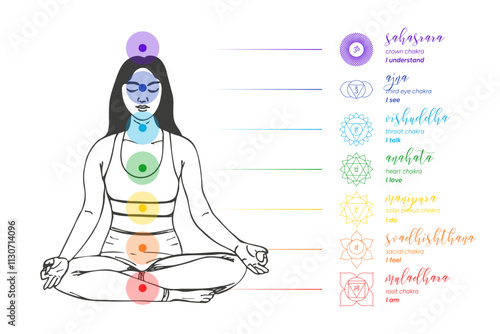 Chakras infographic, names, titles, line art symbol icons. Silhouette of a female human body in a lotus position. Chakra system information illustration on white background