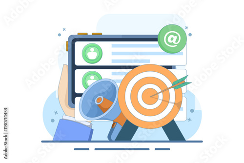 Email marketing concept, Online business strategy, A number of new emails displayed on the screen, Advertisement, Email newsletter, message, marketing material, Flat illustration on the background.