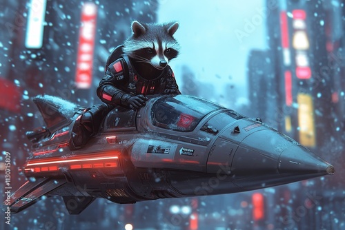 Determined Raccoon on a Sleek Futuristic Rocket Poised for Launch in a Sci-Fi Winter City with Neon Lights and Snow
