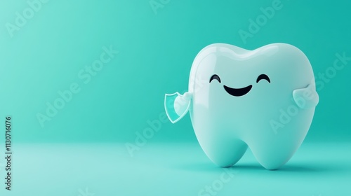 Cartoon tooth character with shield on light teal background ready for dental adventures photo