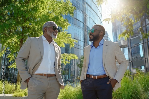 Sunglasses-clad duo in fashionable business attire photo