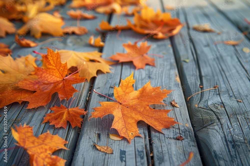 Obraz premium Autumn Maple Leaves Scattered On Wooden Deck