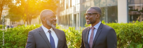 Two senior executives engaging in conversation outside