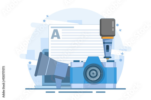 Journalist concept. Mass media news. Journalist with microphone writing article in newspaper or magazine on laptop. TV, internet and radio journalism. Flat vector illustration on background.