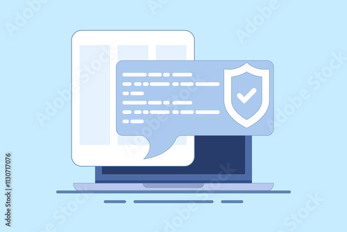 internet security concept, laptop security message speech bubble, shield check mark icon, privacy, online protection, flat cartoon, antivirus sign. flat vector illustration on background.